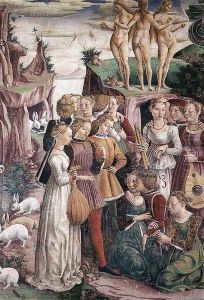 Allegory of April- Triumph of Venus (right view)1476-84 by Francesco Del Cossa