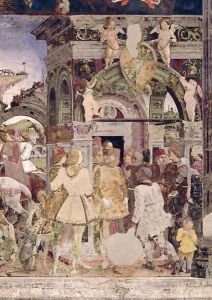 Borso d'Este, Prince of Ferrara, rendering justice, March from the Room of the Months, 1467-70 by Francesco Del Cossa