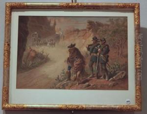 A Moving Stagecoach And A Man And Boys Surrendering To Guards - view 1
