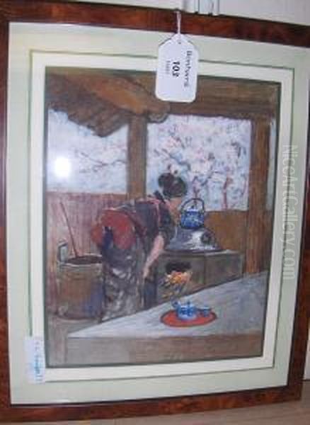 Japanese Maiden Making Tea, Signed, Inscribed - view 1