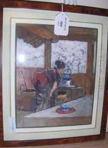 Japanese Maiden Making Tea, Signed, Inscribed by Robert Charles, Goff Col.