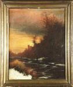 Wintry Landscape With Skaters On A Frozen River At Sunset by Heinrich Gogarten