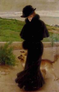 An Elegant Lady with her Faithful Companion by the Beach by Vittorio Matteo Corcos