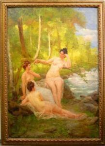 Tre Nudi Di Donne Nel Bosco Al Bordo Di Un Ruscello by Emilio Gola