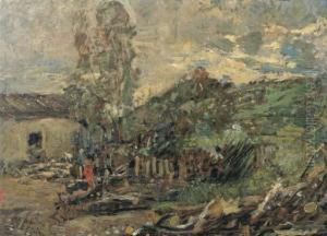 Casale E Figure Nel Paesaggio by Emilio Gola