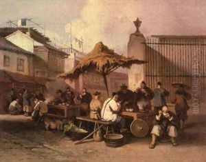 A Group of Chinese eating outside church of San Domingo