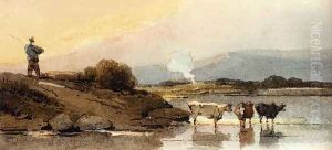 An Indian Herdsman On A Bank, Cattle Watering In A River Below