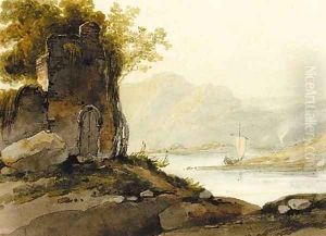A ruin on a hillside with a view of a pulwar on a lake in the distance