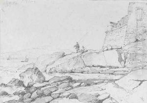 Fishermen seated beneath the Citadel and Franciscan Fort, Macao