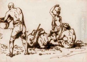 Indian figures with a recumbent brahmin bull
