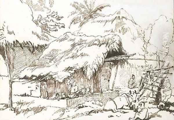 Indian figures and cattle outside a hut - view 1