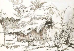 Indian figures and cattle outside a hut