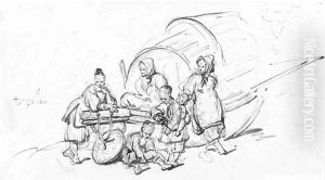 Oriental figures before a cart
