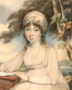 Portrait of a young lady, three-quarter-length in a white turban, wearing a white dress holding a pen in her right hand, seated in a wooded landscape