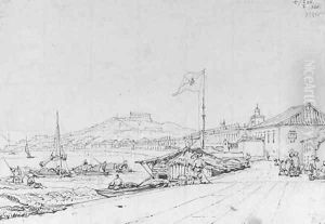 The Praya Grande, Macao with a fisherman's hut beneath the flagpole, from the north-east