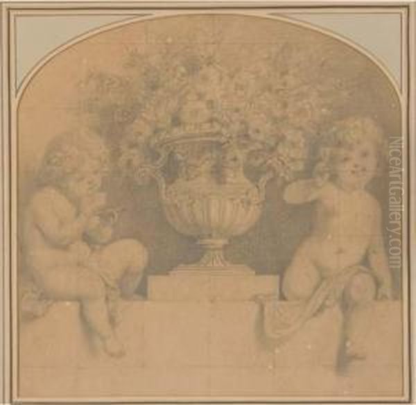 Trois Putti Volant Entoures Defleurs - view 1