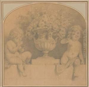Trois Putti Volant Entoures Defleurs by Francesco Gonin