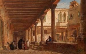 Moorish Courtyard Scene With Numerous Figures