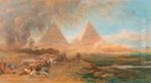 A Nomad Caravan In A Sandstorm Before The Pyramids Of Giza