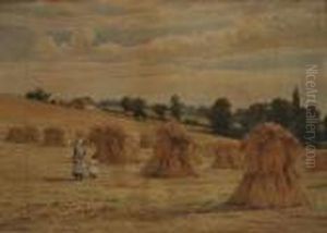 Children Walking Amongst Haystacks In A Summer Landscape