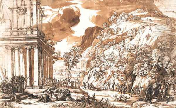 The construction of a classical temple, with groups of astrologers and architects, and a boar hunt in the foreground - view 1