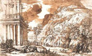 The construction of a classical temple, with groups of astrologers and architects, and a boar hunt in the foreground by Pietro Da Cortona (Barrettini)