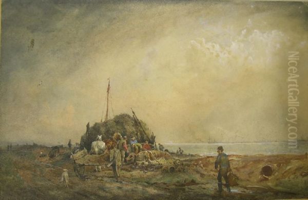 Figures And Cartbeside Seaweed Hut With View Of The Solent In The Distance - view 1