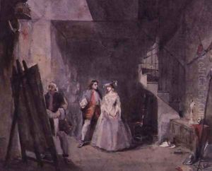 Interior of an artist's studio with figures in 18th century costume by George Cattermole