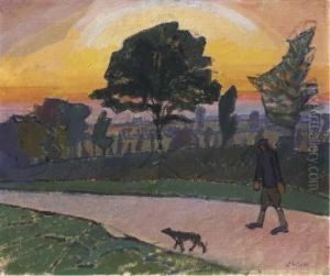 Sunset, Letchworth, With Man And Dog by Spencer Frederick Gore
