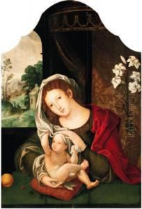 The Madonna And Child - Central Compartment Of A Triptych by Jan Mabuse