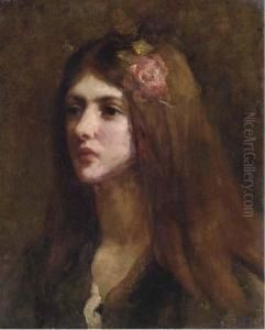 Portrait Of A Girl, Bust-length, In A Green Dress With A Rose Inher Hair