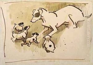 Fox Terrier and Puppies by Joseph Crawhall