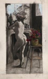 Femme Nue De Dos Accoudee A La Cheminee