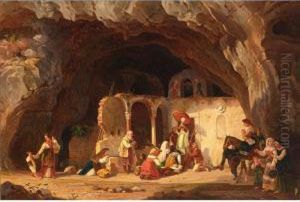 Figures At Prayer At The Entrance Of A Cave by Carl Wilhelm Goetzloff