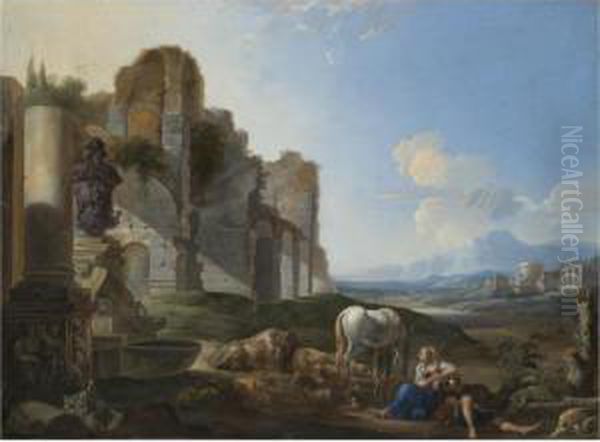 Italian Landscape With A Shepherdess And Ruins - view 1