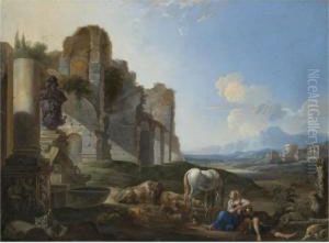 Italian Landscape With A Shepherdess And Ruins by Anton Goubau