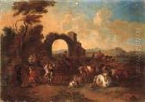An Italianate Landscape With Drovers And Cattle And Peasantsdancing An Italianate Landscape With Drovers And Cattle And Peasantsdancing