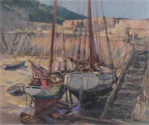 Polperro Harbour, Cornwall At Low Tide by Alexander Carruthers Gould