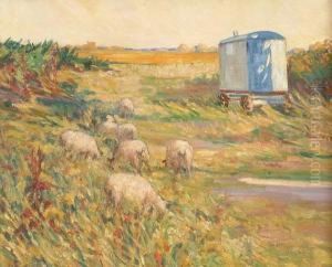 Landscape With Grazing Sheep And Caravan