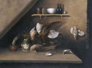 Still Life With Dead Game And Bottles And Jars On Shelf by William Buelow Gould
