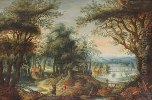 Sunlit Wooded Landscape, With Figures And Dogs In The Foreground, A Pond In The Distance - view 1