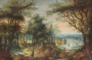 Sunlit Wooded Landscape, With Figures And Dogs In The Foreground, A Pond In The Distance