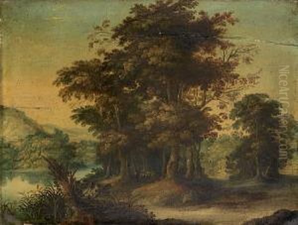 A Wooded River Landscape With A Shepherd And His Flock On A Path - view 1