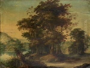 A Wooded River Landscape With A Shepherd And His Flock On A Path by Abraham Govaerts