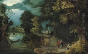 A Wooded River Landscape With A Woman Seeking Alms From Travellers