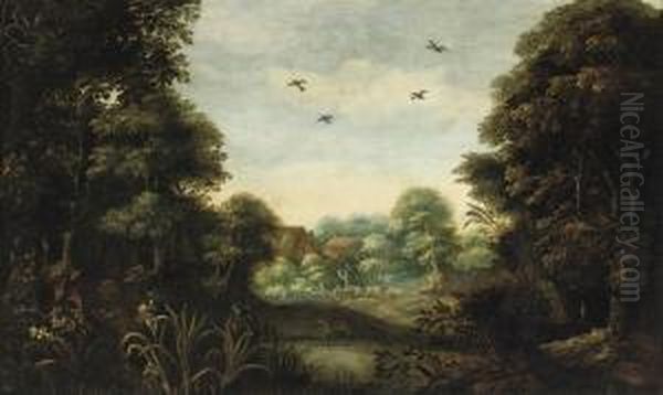 A Wooded Landscape With A Peasant And His Herd Near A Village - view 1