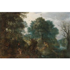 A Wooded Landscape With Woodcutters Near A River by Abraham Govaerts