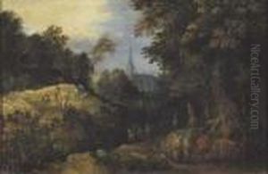 Paesaggio Boscoso Con Viandanti E Falciatori Di Grano by Abraham Govaerts