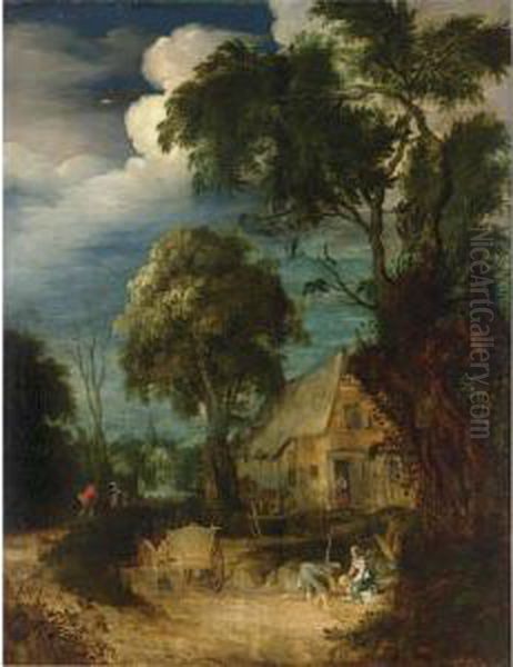 A Wooded Landscape With Peasants
With A Horse-drawn Cart Near A Farm And Shepherds With Their Flock On A
Path In The Background - view 1