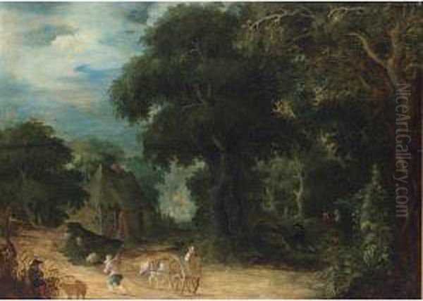 A Wooded Landscape With A Woman
In A Horse-drawn Cart And A Shepherd And His Herd On A Path, A Peasant
Playing A Flute In The Left Foreground - view 1
